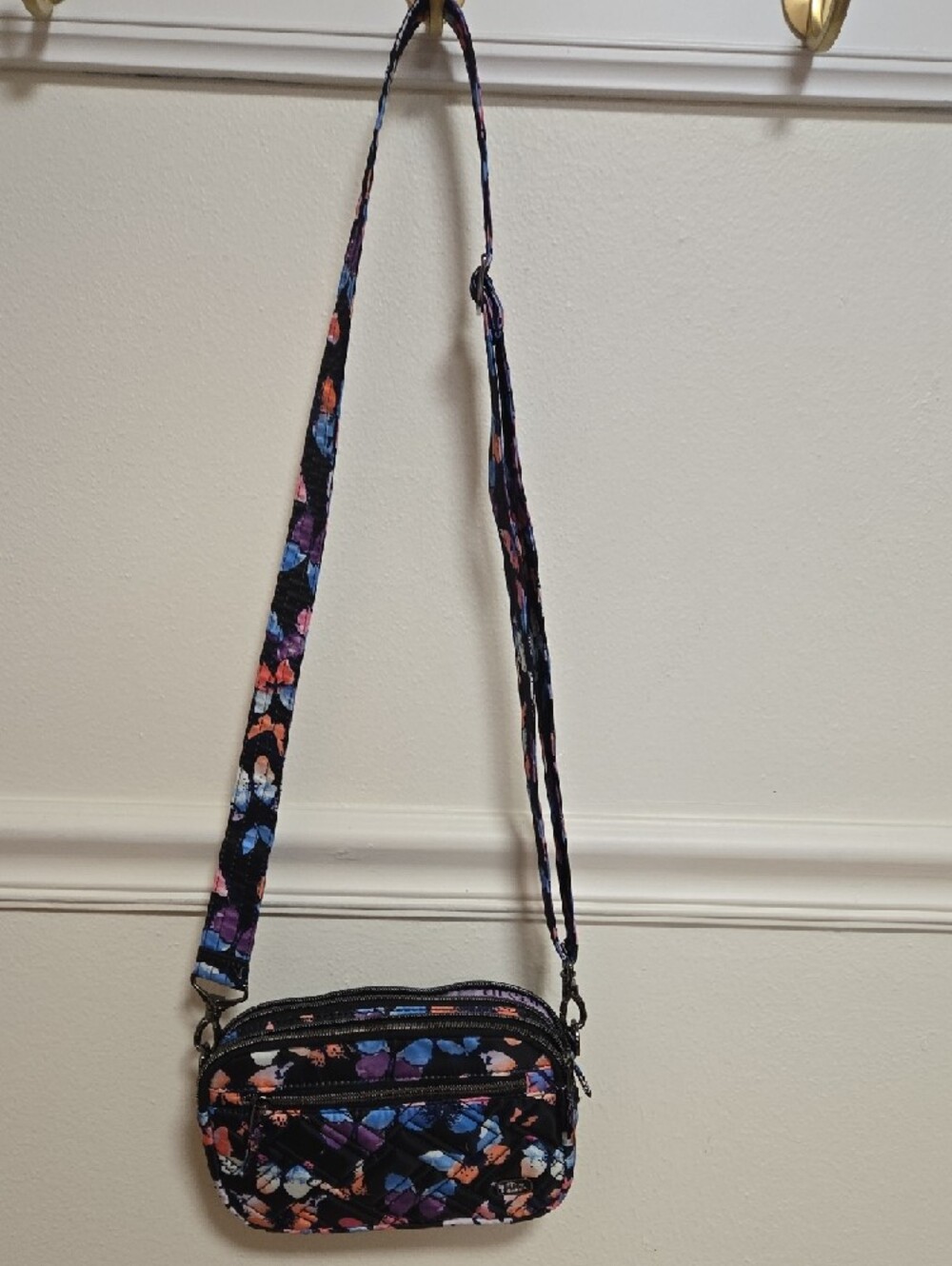 lug Quilted Black Crossbody with Blue, Purple & Coral Floral Print - Picture 7 of 8
